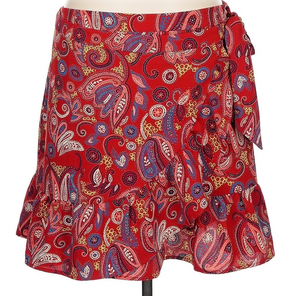 Ann Taylor Loft Chic Red Floral Paisley Mini Wrap Skirt Ruffle Size 12 Large L - Picture 2 of 9